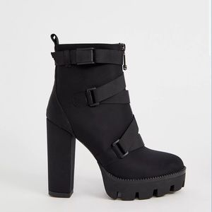 Simmi London Jemma black lycra chunky heeled ankle buckle platform zipper boots